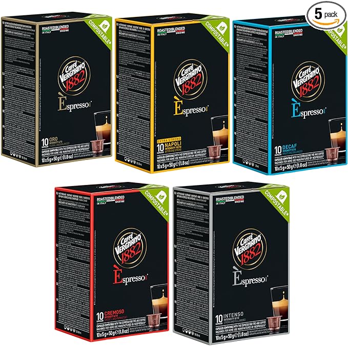 Caffe' Vergnano 1882 50 Count Oro, Cremoso, Intenso, Napoli and Decaffeinato Original Line Machine Compatible Capsules, Arabica Medium Roast Coffee Variety Pack Intensity Range 4/10 to 10/10