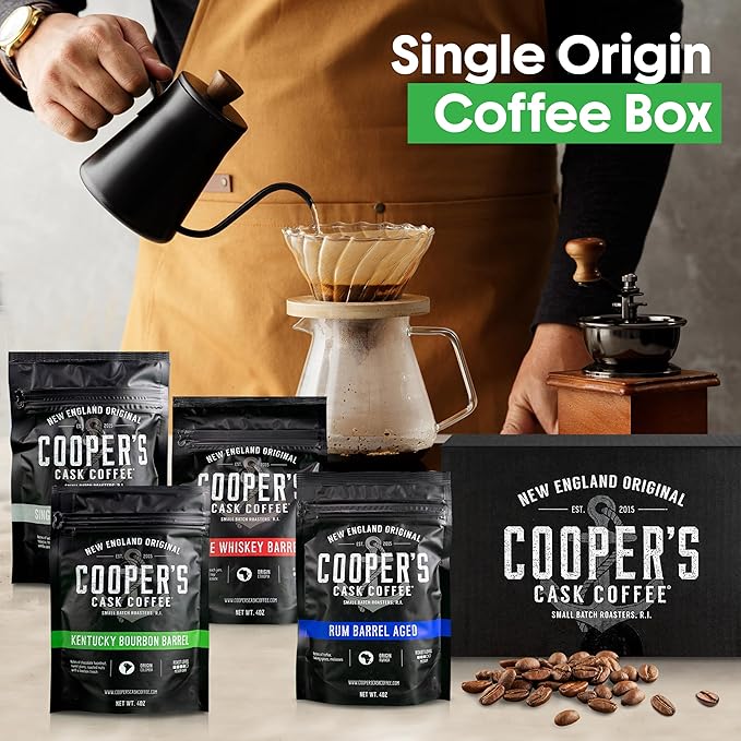 Bourbon & Whiskey Barrel Aged Coffee Box Set with Four Whole Bean Single Origin Coffees (Colombia, Sumatra, Ethiopia, Rwanda) Premium Small-Batch Gourmet Roasted Coffee Gift (Pack or 4)