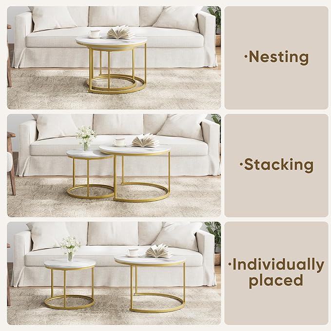 Smuxee White Nesting Coffee Table Set of 2, 27.6" Round Coffee Table Wooden Marble Pattern with Adjustable Non-Slip Feet, Industrial End Table for Living Room Bedroom Balcony
