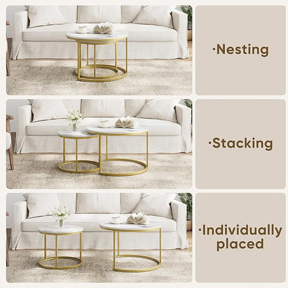 Smuxee White Nesting Coffee Table Set of 2, 27.6" Round Coffee Table Wooden Marble Pattern with Adjustable Non-Slip Feet, Industrial End Table for Living Room Bedroom Balcony