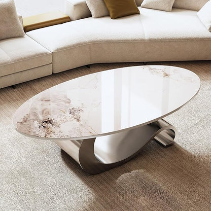 Marble Grain Coffee Table with Gold Stainless Steel Pedestal,Modern Coffee Tables,Oval Living Room Table with Faux Marble Top & Luxury Legs,Sintered Stone Cocktail Center Table,49.2 inch