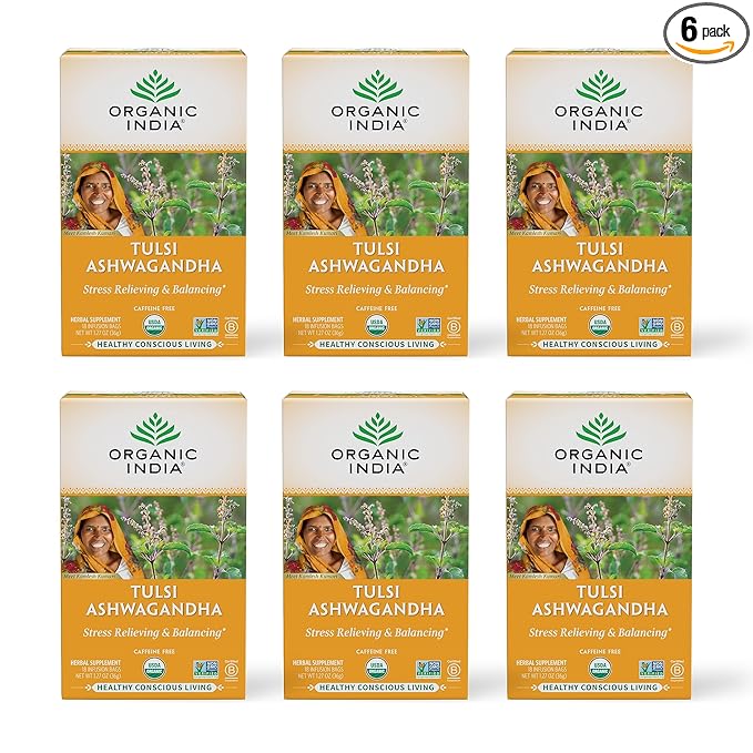 ORGANIC INDIA Calming Tulsi Ashwagandha Tea - Organic Tea Bags, Holy Basil, Vegan, USDA Certified Organic, Non-GMO, Caffeine Free - 18 Infusion Bags, 6 Pack