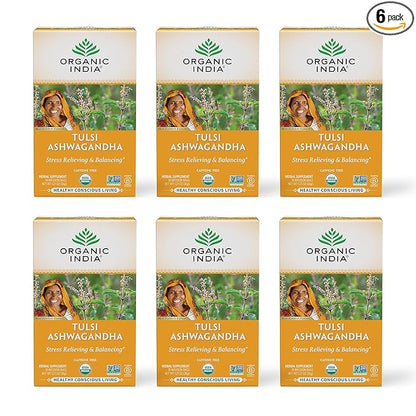 ORGANIC INDIA Calming Tulsi Ashwagandha Tea - Organic Tea Bags, Holy Basil, Vegan, USDA Certified Organic, Non-GMO, Caffeine Free - 18 Infusion Bags, 6 Pack