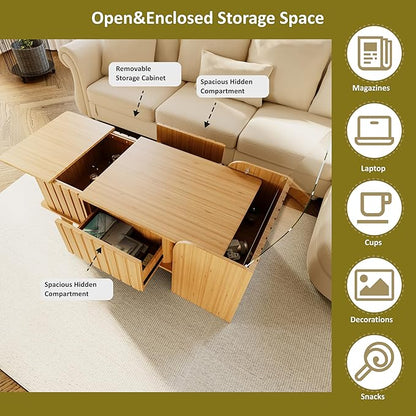 Extendable Coffee Table with Storage, Wood Coffee Table with Hidden Compartment, Expandable Coffee Tables with Side Table for Living Home(Natural)
