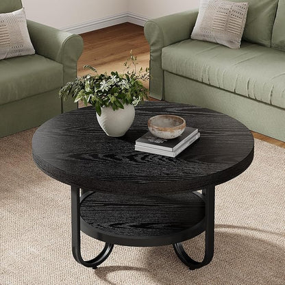 Tribesigns Round Coffee Table, 31.5" Modern Wood Circle Center Table with Storage Shelf and Metal Frame, 2-Tier Industrial Accent Cocktail Table for Living Room, Small Space, Apartment, Black