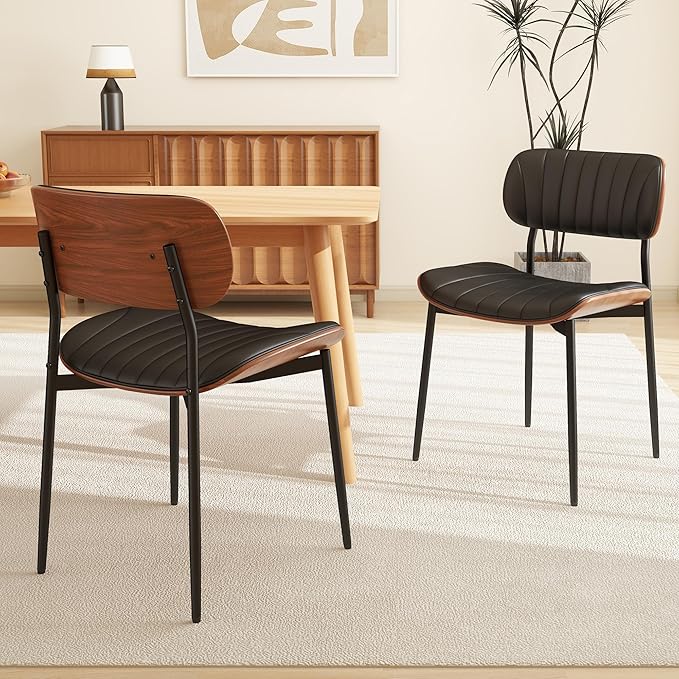 Modern PU Leather Dining Room Chairs Set of 2, Upholstered Kitchen Chairs with Walnut Bentwood Back and Metal Legs Adjustable Feet for Kitchen Dining Room(Balck)