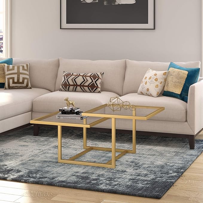 Henn&Hart 43" Wide Square Coffee Table in Brass, Modern coffee tables for living room, studio apartment essentials