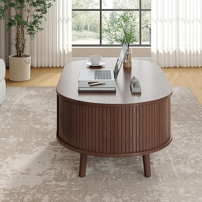 Alohappy Oval Coffee Table, Mid Century Modern Coffee Table with Sliding Tambour Door, Fluted Center Table with Hidden Storage, Curved Profile Dining Table for Living Room, Home Office,Walnut