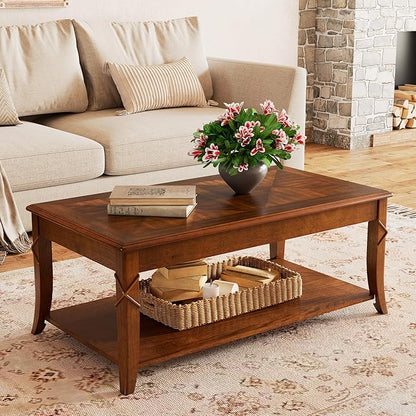 PADMA HOUSE Solid Wood Coffee Table with Shelf, Vintage Rectangle Cocktail Table with Dual Hourglass Tabletop, Apartment Center Sofa Table with Curved Legs for Living Room, 43.3 * 23.6 * 17.7in