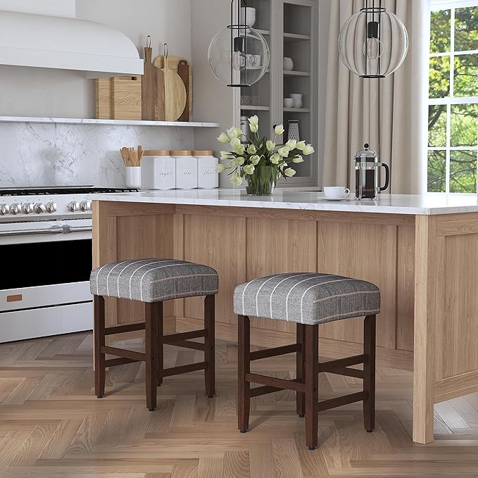 HomePop Home Decor Classic Open-Back Counter Height Barstool Square 24 Inch Bar Stools with Domed Cushion, Midnight Gray Woven Stripe