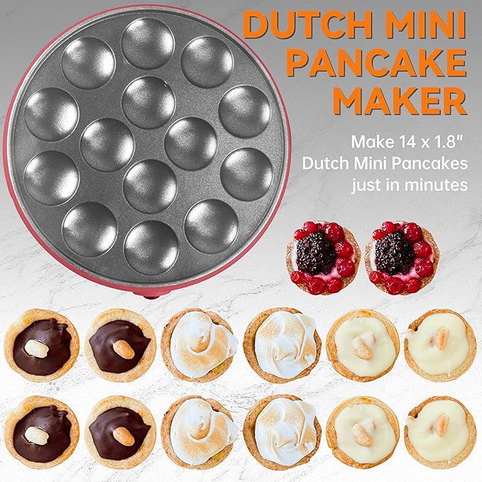 Baker's Friend Mini Pancakes Maker Machine, Dutch Mini Pancake Griddle, 14 Holes Electric Poffertjes Pan, Ideal for Breakfast, Snacks, Desserts & More, Red