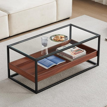 Shrine Glass Coffee Table, Black Walnut Coffee Table for Living Room, Glass and Wood Coffee Table, 39.2" D x 19.5" W x 15.7" H, Clear Glass Top, Walnut Wood Panels&Black Metal Frame