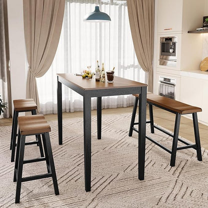 PHI VILLA Dining Table Set for 4, Counter Height Dining Table with 2 Chairs and 1 Bench, Solid Wood Table Sets for Farmhouse, Rustic Kitchen and Dining Room Table Set with Chairs, Walnut with Black