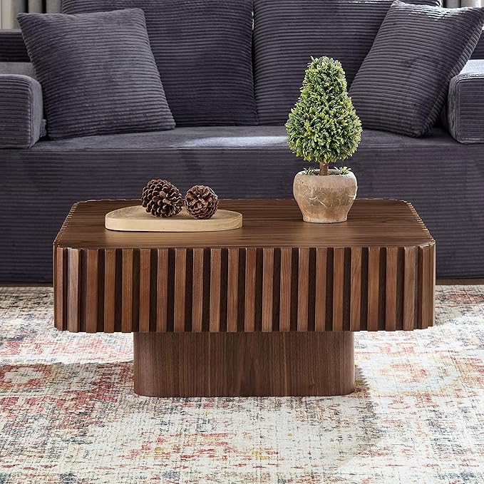 Square Wood Coffee Table for Living Room Modern Drum Wooden Fluted Handcraft Center Tea Cocktail Small Space, Easy Assembly 31.5" W x13.77 H Walnut