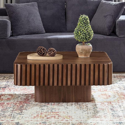 Square Wood Coffee Table for Living Room Modern Drum Wooden Fluted Handcraft Center Tea Cocktail Small Space, Easy Assembly 31.5" W x13.77 H Walnut