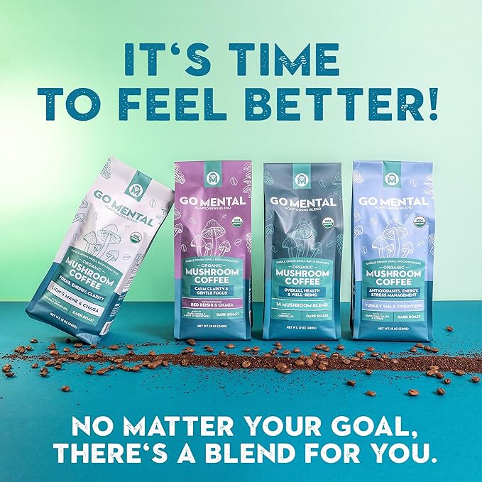 Organic 14 Mushroom Coffee Blend Dark Roast, Organic Lion's Mane, Chaga, Red Reishi and more, Chocolate Notes, Enhances Overall Health, Immune Support And Wellbeing, Ground 12 oz Bag