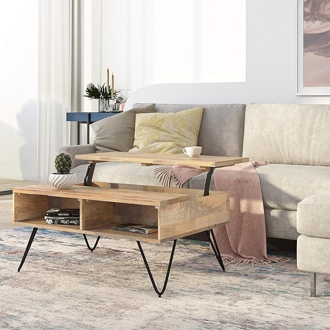 SIMPLIHOME Hunter Small Lift Top Coffee Table - 36 inch Wide Solid Mango Wood and Metal Industrial Cocktail Table in Natural, Living Room Table with Hidden Storage, 2 Cubbies, and Hairpin Legs