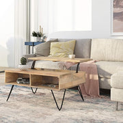SIMPLIHOME Hunter Small Lift Top Coffee Table - 36 inch Wide Solid Mango Wood and Metal Industrial Cocktail Table in Natural, Living Room Table with Hidden Storage, 2 Cubbies, and Hairpin Legs