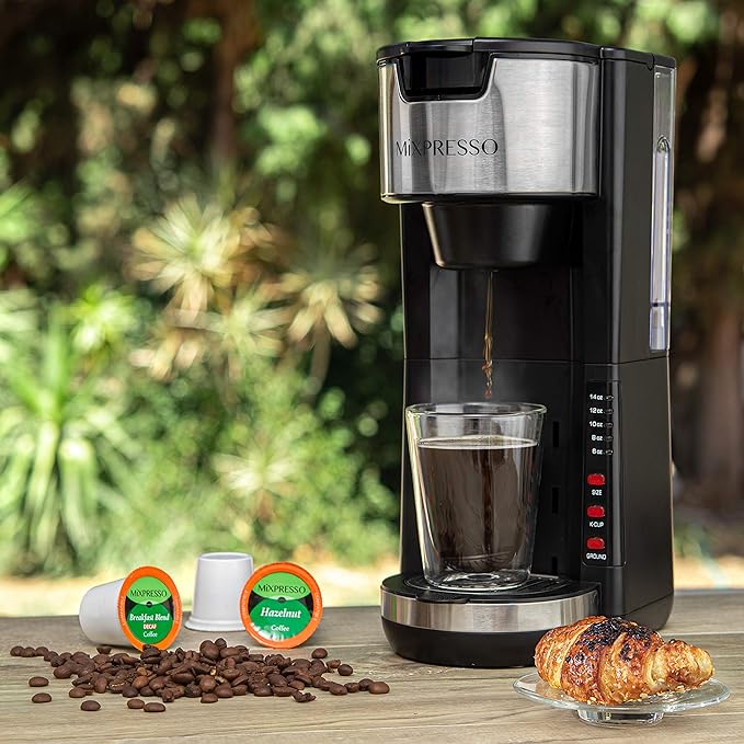 Mixpresso Black Single Serve Coffee Brewer K-Cup Pods Compatible & Ground, 30 oz Compact Coffee Maker Single Serve With 5 Brew Sizes Up To 14 Oz, Fits Travel Mug, Adjustable Drip Tray