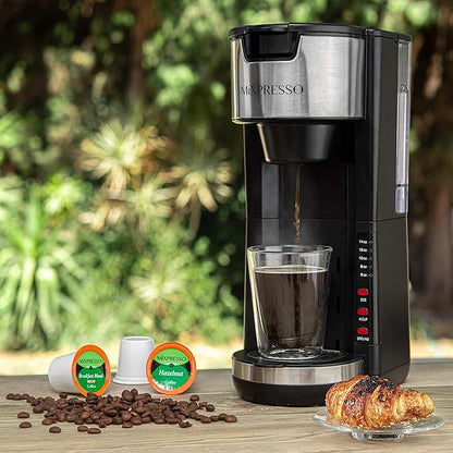 Mixpresso Black Single Serve Coffee Brewer K-Cup Pods Compatible & Ground, 30 oz Compact Coffee Maker Single Serve With 5 Brew Sizes Up To 14 Oz, Fits Travel Mug, Adjustable Drip Tray
