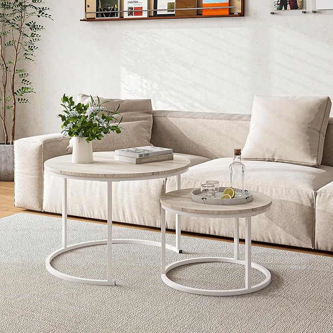 Round Coffee Table Set of 2 End Tables for Living Room,Modern White Coffee Table Nesting Tables,Living Room Tables Wood Furniture Metal Frame,Sturdy Stacking Side Tables,Easy Assembly,Oak