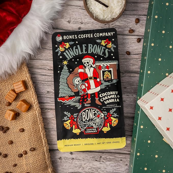 Bones Coffee Company Jingle Bones, Caramel Vanilla Coconut Flavored Coffee, Medium Roast Low Acid Arabica Beans Compatible with Auto drip and French Press Coffee Maker, 12 Oz Whole Bean