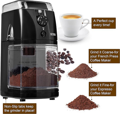 Secura Electric Burr Coffee Grinder Mill, Adjustable Cup Size, 17 Fine to Coarse Grind Size Settings for Drip, Percolator, French Press and Turkish Coffee Makers, Black,12 cups