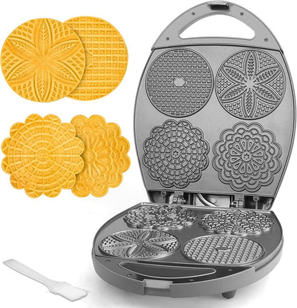 Baker's Friend Multi Pizzelle Maker Electric, Stroopwafel Iron, 4 x 4.5'' Pizzelle Waffle Cookies Maker with Temperature Control, Ideal for Holidays, Parties & More, Great Choice for Gift, Graphite