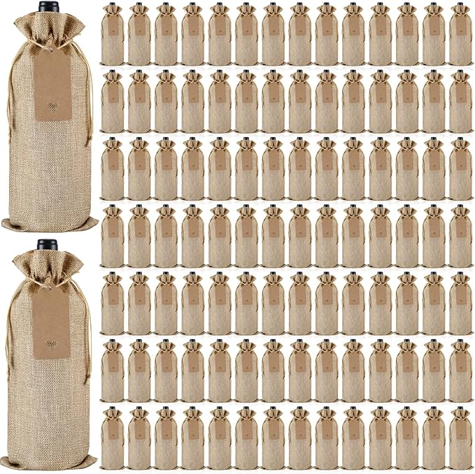 Windyun 100Pcs Burlap Wine Bags Drawstring Wine Bottle Gift Sacks with Tags 5.9 x 13.8 Inch Jute Burlap Plain Wine Bags for Wedding Birthday Blind Tastings Christmas Travel Party (Natural Color)