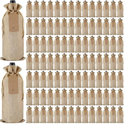 Windyun 100Pcs Burlap Wine Bags Drawstring Wine Bottle Gift Sacks with Tags 5.9 x 13.8 Inch Jute Burlap Plain Wine Bags for Wedding Birthday Blind Tastings Christmas Travel Party (Natural Color)
