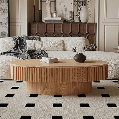 47 Inch Oval Drum Coffee Table with Storage, Handcraft Fluted Drum Coffee Table, Modern Wooden Oval Cocktail Tea Table Center Table with Sturdy Pedestal for Living Room Apartment (Natural)