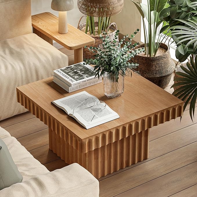 Modern Square Fluted Wood Coffee Table with Natural Oak Finish, Geometric Accent Table Chunk Table for Living Room, Sturdy Rectangular Minimalist Centerpiece, Brown, Farmhouse