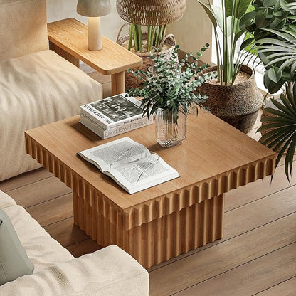 Modern Square Fluted Wood Coffee Table with Natural Oak Finish, Geometric Accent Table Chunk Table for Living Room, Sturdy Rectangular Minimalist Centerpiece, Brown, Farmhouse