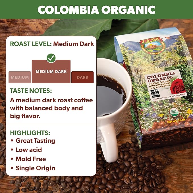 Low Acid Organic Coffee – Whole Bean, Mold-Free & Stomach Friendly by Java Planet, Colombian Single Origin, Medium Dark Roast, Smooth Full Flavored, 5LB Bag