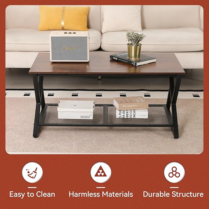 SENIG Coffee Table with Storage Shelf, Industrial Metal Wood Living Room Tables, Rectangle Center Table 39 Inch, Vintage Simple 2 Tier Cocktail Table, Brown