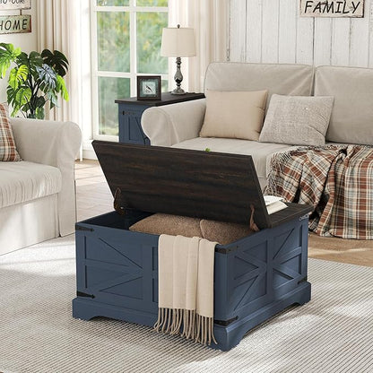 Furnideco Square Coffee Table with Storage Farmhouse Coffee Table with Lifting Top Modern Wood Center Table for Living Room Home Office, Blue