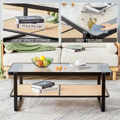 Mid Century Modern Coffee Table with Ribbed Glass Top and PE Rattan Storage Shelf, 45 Inch Rectangular Solid Wood Boho Coffe Table, Unique Center Table for Livinig Room Apartment Small Space