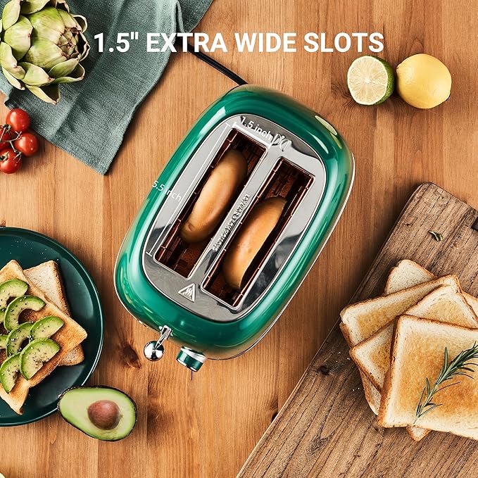 Roter Mond 2 Slice Toaster Retro Stainless Steel with Bagel, Cancel, and Defrost Functions, 6 Bread Shade Settings, Extra Wide Slots and Removable Crumb Tray, Green