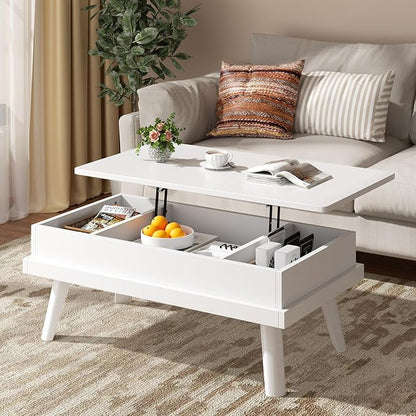 Shintenchi Coffee Table, Lift Top Coffee Table with Hidden Compartment, Rising Tabletop Dining Table, Lift Top Coffee Center Table for for Living Room, Office, Home (White)
