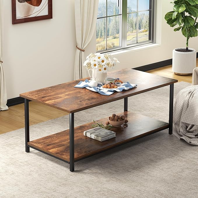 SENIG 2-Tier Coffee Table with Storage Shelf for Living Spaces, Brown Rectangle Wood and Sturdy Metal Side End Table, Functional Center Table for Living Room, 39.3 x 20 x 16