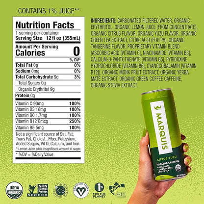 Marquis - Natural Energy Drink - Citrus Yuzu - Sugar Free - 0 Calories - 100mg of Organic Plant Based Caffeine - Yerba Mate - Green Tea - Vitamin C & B Vitamins - Vegan - 12 oz Cans - 12 Pack