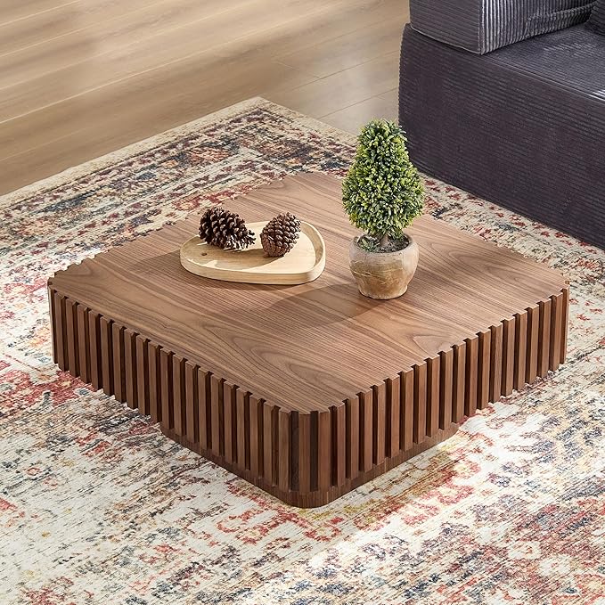 Square Wood Coffee Table for Living Room Modern Drum Wooden Fluted Handcraft Center Tea Cocktail Small Space, Easy Assembly 31.5" W x13.77 H Walnut