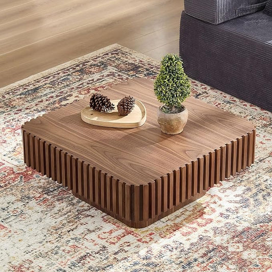 Square Wood Coffee Table for Living Room Modern Drum Wooden Fluted Handcraft Center Tea Cocktail Small Space, Easy Assembly 31.5" W x13.77 H Walnut