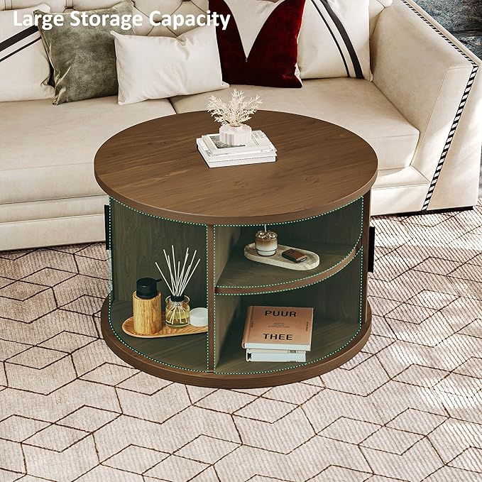 Round Coffee Table, 31.5" Fluted Coffee Table with Storage, Fluted Accent Center Table with Sliding Door, Mid Century Modern Coffee Table for Living Room, Coffee Table Circle Wood，Walnut