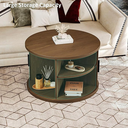 Round Coffee Table, 31.5" Fluted Coffee Table with Storage, Fluted Accent Center Table with Sliding Door, Mid Century Modern Coffee Table for Living Room, Coffee Table Circle Wood，Walnut