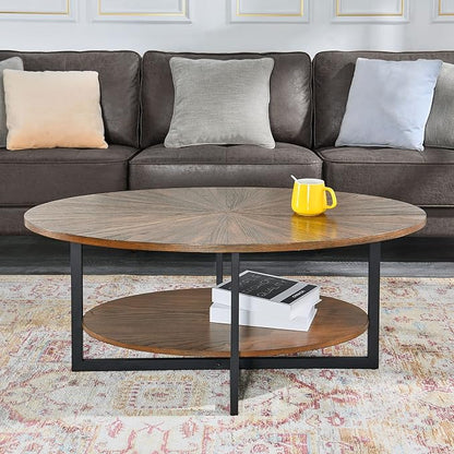 Solid Wood Oval Coffee Table with Cross Metal Legs, 43.3in Modern Industrail Center Table with Open Shelf Cocktail Tea Table for Living Room Bedroom, Rustic Brown 1811NC
