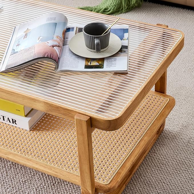 Mid Century Modern Coffee Table with Ribbed Glass Top and PE Rattan Storage Shelf, 45 Inch Rectangular Solid Wood Boho Coffe Table, Unique Center Table for Livinig Room Apartment Small Space