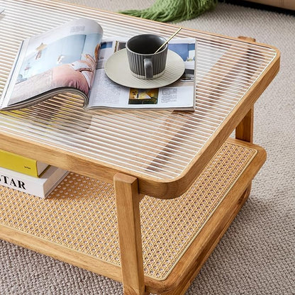 Mid Century Modern Coffee Table with Ribbed Glass Top and PE Rattan Storage Shelf, 45 Inch Rectangular Solid Wood Boho Coffe Table, Unique Center Table for Livinig Room Apartment Small Space