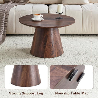 25.6" Small Round Coffee Table, Wood Mid Century Modern Coffee Tables with Pedestal Base, Space Saving Circle Center Table for Living Room, Small Space, Apartment (Walnut)