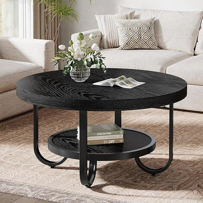 Tribesigns Round Coffee Table, 31.5" Modern Wood Circle Center Table with Storage Shelf and Metal Frame, 2-Tier Industrial Accent Cocktail Table for Living Room, Small Space, Apartment, Black